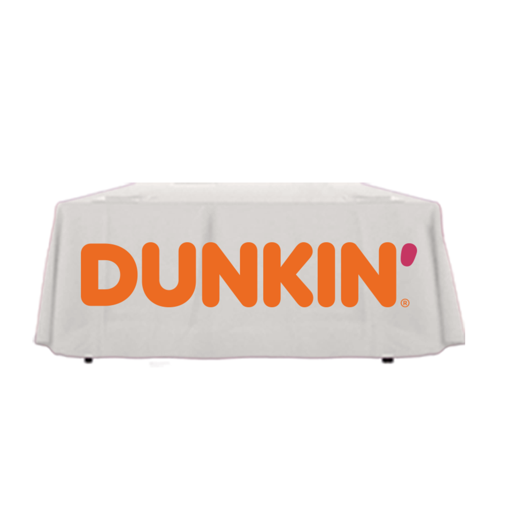 6' Dunkin' Donuts Cream Logo Tablecloth (Orange Text, draped)